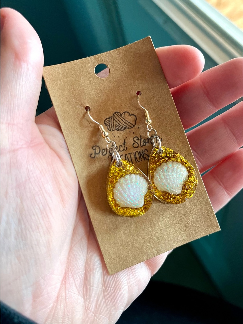 Handmade Gold Glitter Seashell Resin Drop Earrings